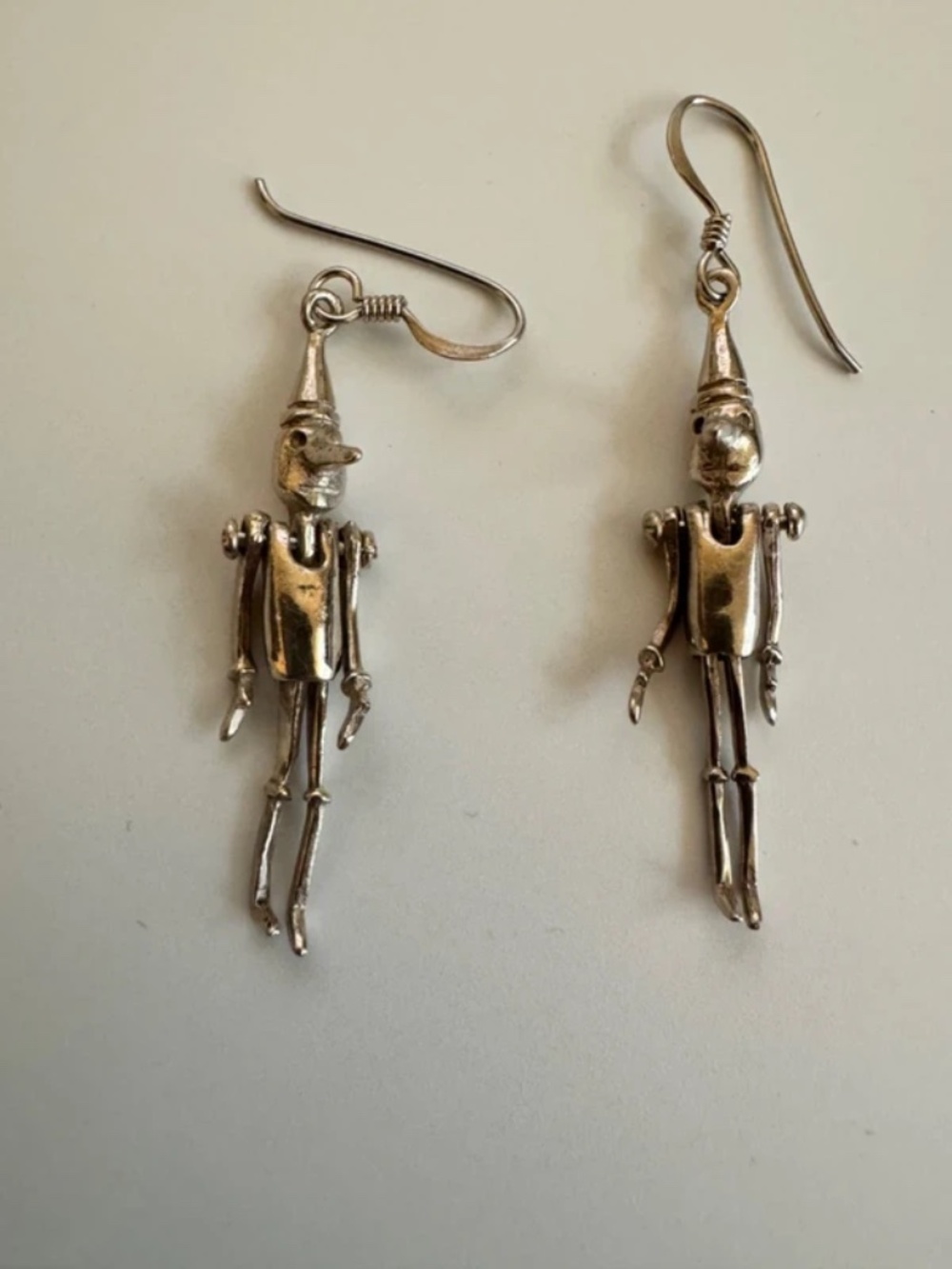 Vintage 1970s Articulated Moveable Pinocchio Marionette Dangle Earrings .925